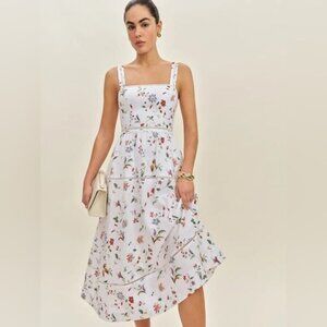 NEW Reformation Everett Linen Midi Dress Corsini White Multi Floral | US 0 UK 4